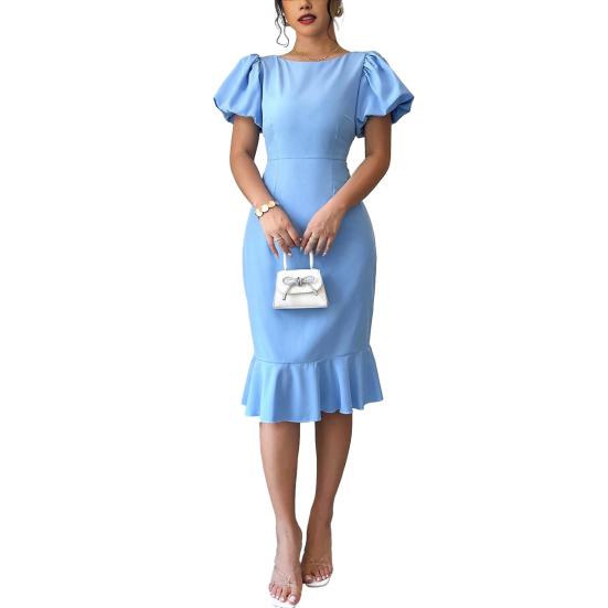 Женские облегающие платья с короткими пышными рукавами, платье миди с круглым вырезом и оборками, юбка «русалка», коктейльное платье для гостьи на свадьбу