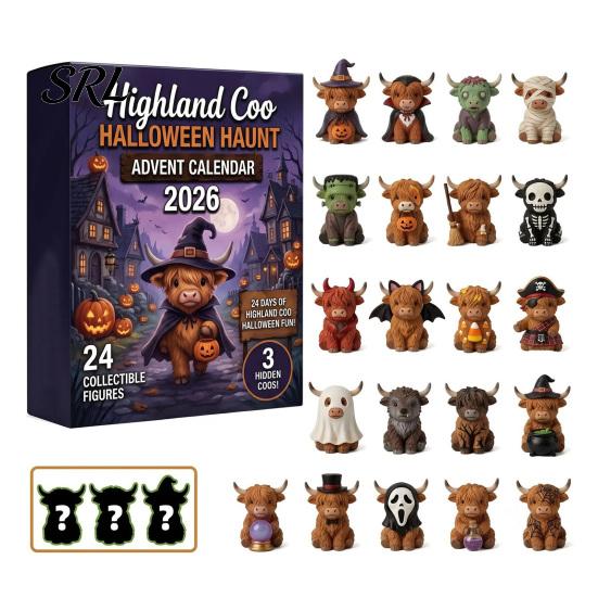 Acrylic Figurine Pendants Halloween Highland Cow Advent Calendar, 24 Days Surprise Countdown Calendar with DIY Garden Landscaping Mini Ornaments,