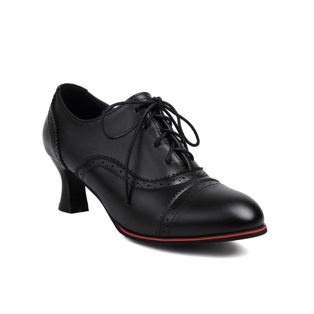 Q/Женские туфли на высоком каблуке, однотонные туфли в британском стиле в стиле ретро, ​​большие низкие туфли на шнуровке