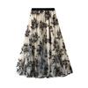 Women A-Line Skirt 3D Embroidered Leaf Print Double-Layered Mesh Tulle High Waist Midi Skirt