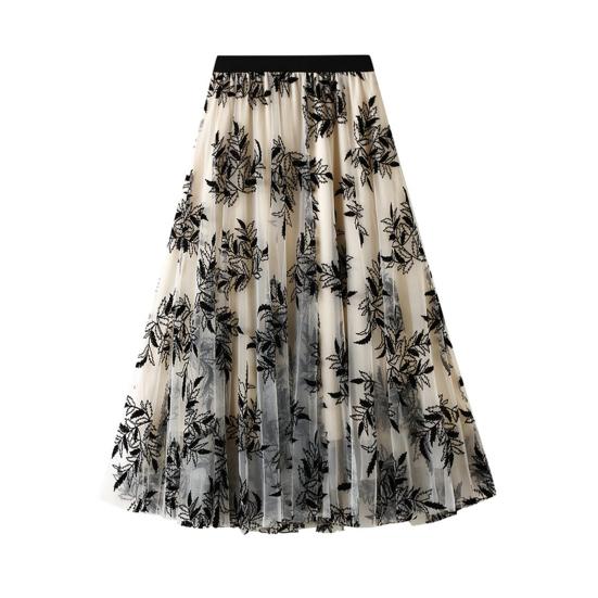 Women A-Line Skirt 3D Embroidered Leaf Print Double-Layered Mesh Tulle High Waist Midi Skirt