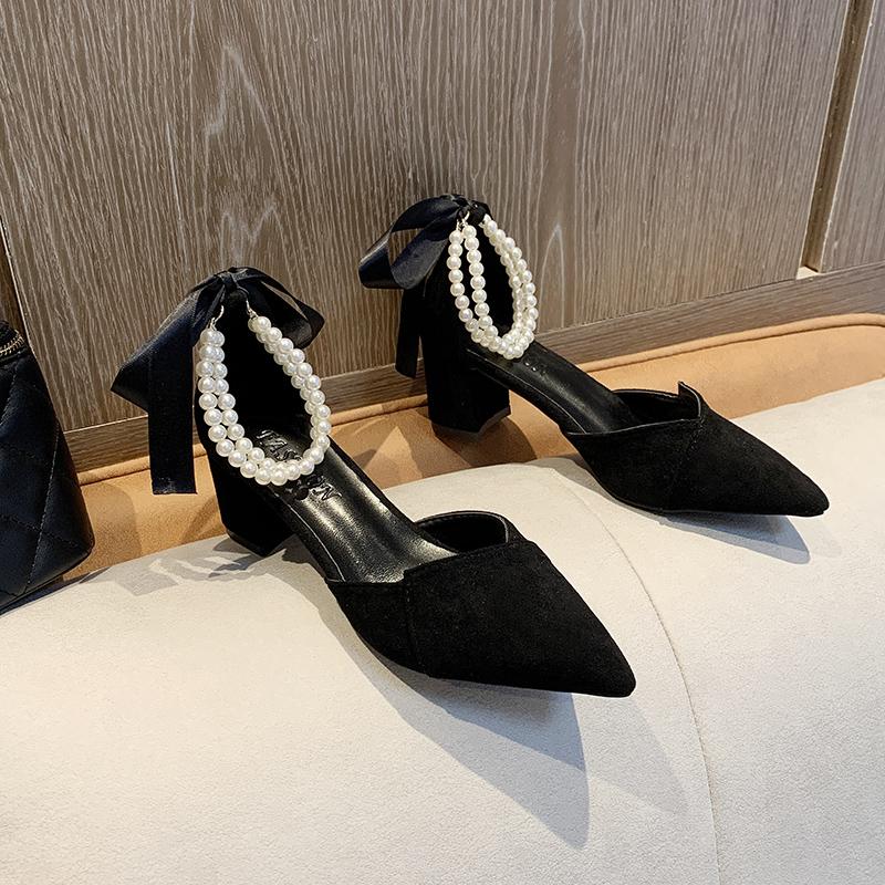 Fashion 2025 Summer New Women Hihg Heels Simple Low Heels Pointed Toe Shoes Women Fashion Footwear Ladies Fashionable Pearl Women Shoes