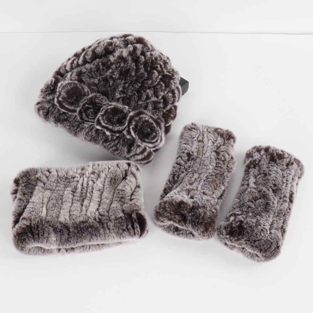 New Winter 3 Pieces Knitted Real Rex Rabbit Fur Hat Scarf Gloves Sets Women Natural Rex Rabbit Fur Warm Cap Scarves Mittens