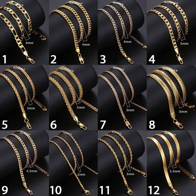 Gold Chain For Men Women Wheat Figaro Rope Cuban Link Chain Gold Filled Stainless Steel Necklaces Male Jewelry Gift