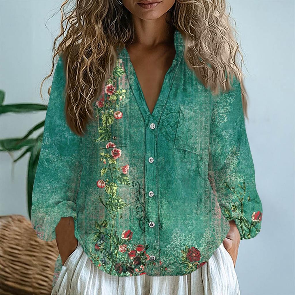 Women Cotton Linen Tops Long-sleeved Shirts Loose V-Neck Boho Tees Vintage Blouses