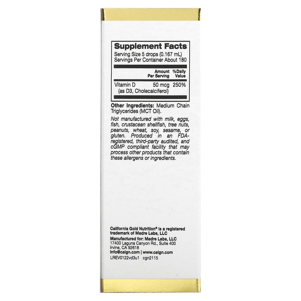 California Gold Nutrition Витамин D3, Без вкуса, 2000 МЕ, 1 жидкая унция (30 мл)