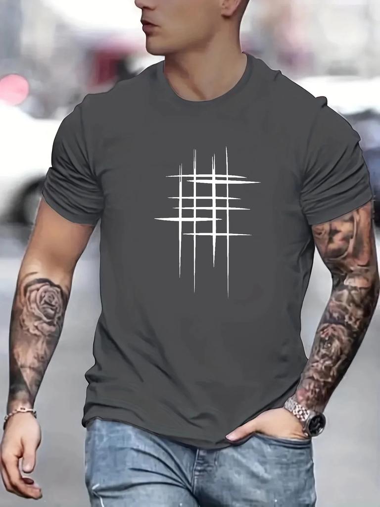Summer Men's 100% Polyester Casual Loose Size Graphic Line Printed Neck Short-sleeved T-shirt Top