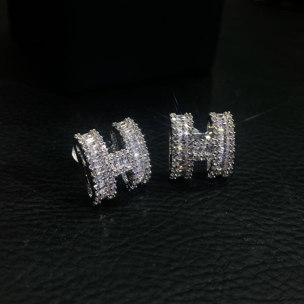 Новый сверкающий набор ожерелья и серег с буквой H из бриллиантов - Минималистичный корейский дизайн, цепочка для ключицы из белого золота