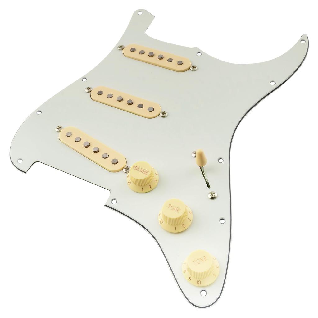Musiclily Pro SSS Stratocaster Prewired Aged Set for ST Stratocaster Electric Guitars with Artec Staggered Alnico 5 Pickups Pickguard, White, 3-Piece