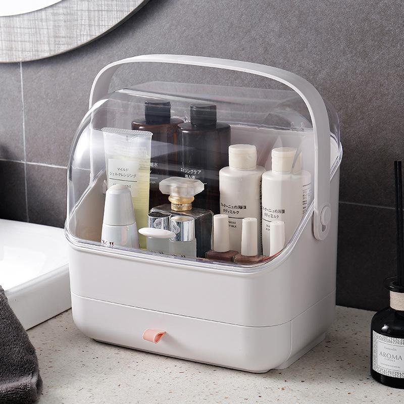 Водонепроницаемый и пылезащитный косметический органайзер для хранения с портативной ручкой и крышкой, полностью открытый для ванной комнаты, комод на столешнице