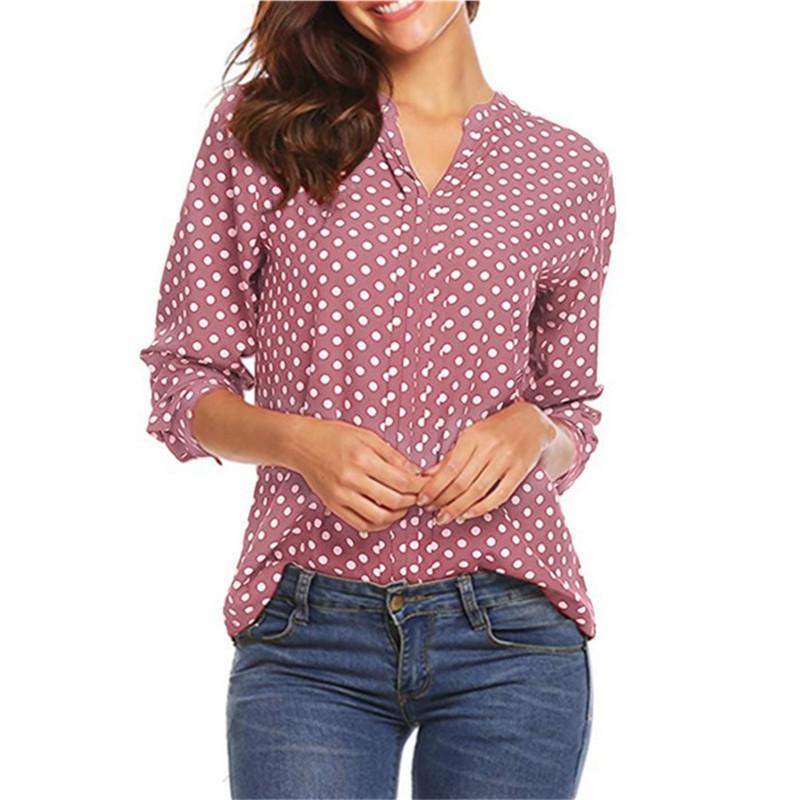 Womens Long Sleeve Dot Print Cotton Linen Shirt With U Neck For Casual Office Wear
