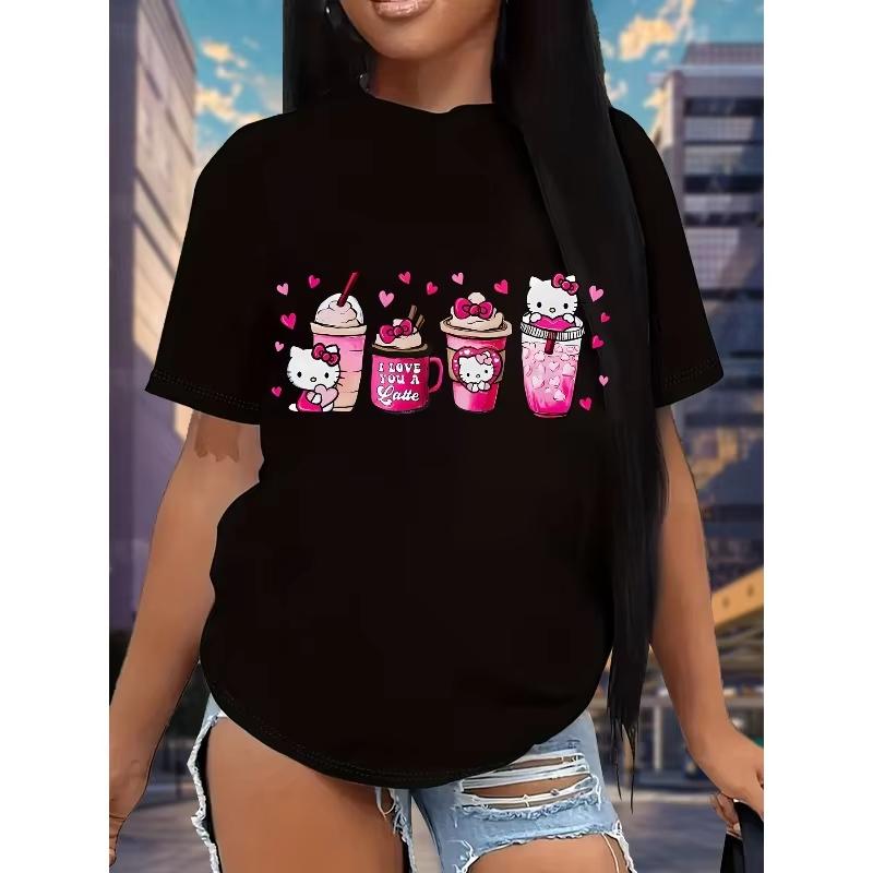 Cartoon Cat Women TShirt Cotton Crew Neck Pink Drink and Heart Design SpringSummer Casual ShortSleeve Shirt Cartoon Print Top