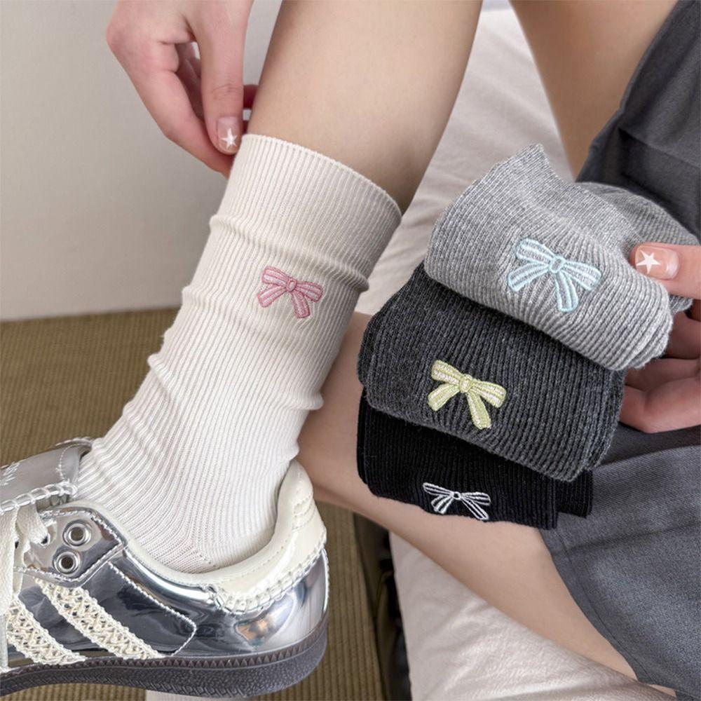 Seamless Women's Mid-Calf Socks Spring Autumn Slouchy Socks Embroidered Bow Socks  for Women Girls