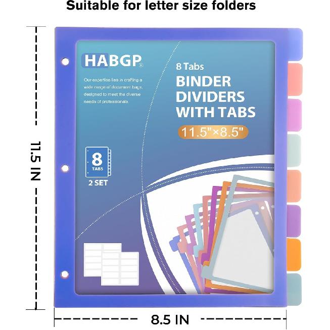 HABGP 2 Set 8 Tab Binder Dividers for 3 Ring, Plastic Binder Dividers with Tabs Letter Size Multicolor, Pastel Colors 3 Hole Punch Clear Page Folder