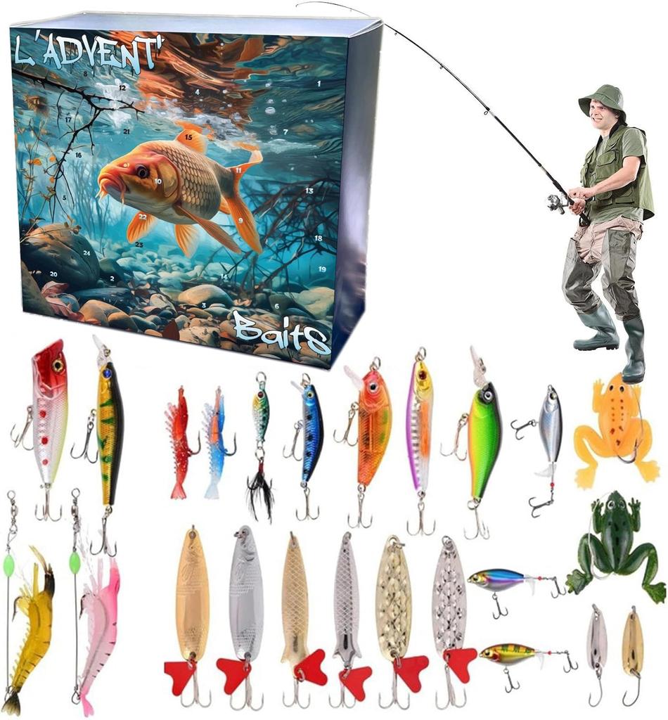 24pc Advent Calendar Fishing Christmas Countdown, Fishing Tackle Advent Calendar For FishAdult Men Teen Boys, Xmas Surprise Gift