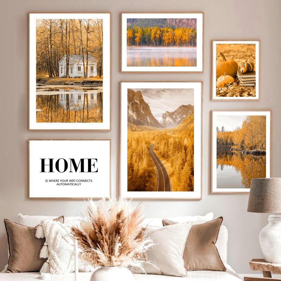 Autumn Forest Highway Lake Pumpkin Squirrel Village Nordic Poster Wall Art Print Canvas Painting Wall Pictures For Bedroom Decor