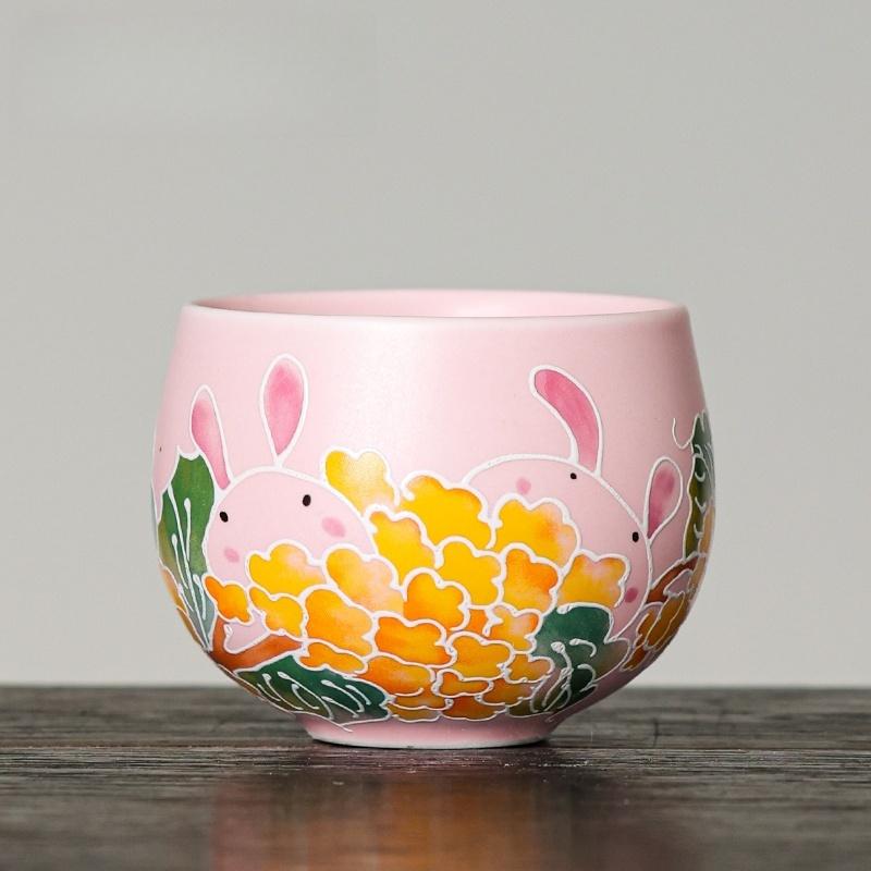 2 шт. 80 мл Розовый Ру Яо Милый Кролик Китайская Чайная Чашка Керамика Печи Ру Открытие Красивая Чайная Чашка Цветы Посуда для Чая Чашка для Дегустации Чая