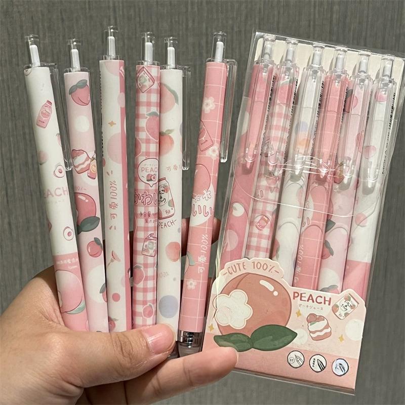 6Pcs/box Sweet American Pink Color Gel Pens for Kids Cream Bow Cake Dessert Stationery Gel Pen 0.5mm Black Ink Pen for Writing