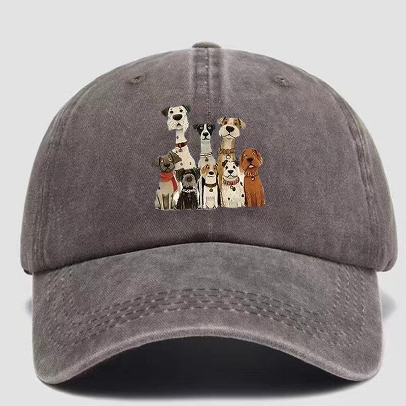 A set of dog-themed water-washed printed baseball caps, suitable for both Unisex and Women.