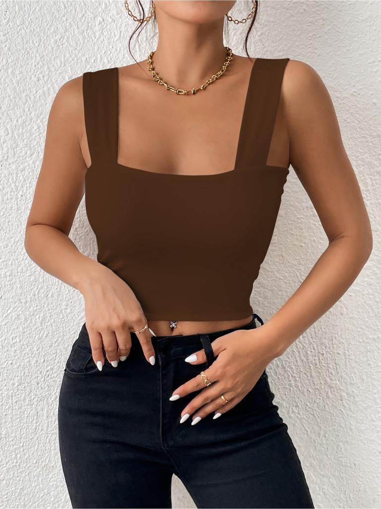 Square Neck Tank Top Wide Shoulder Straps Crop Tops Women Summer Camis Solid Color Camisole Fashion Tube Female Sleeveless Cropped Vest Y2K Clothes