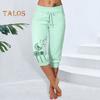 Women Cropped Pants Drawstring Waist Summer Harem Pants Dandelion Print Casual Sporty Trousers with Pocket for Women