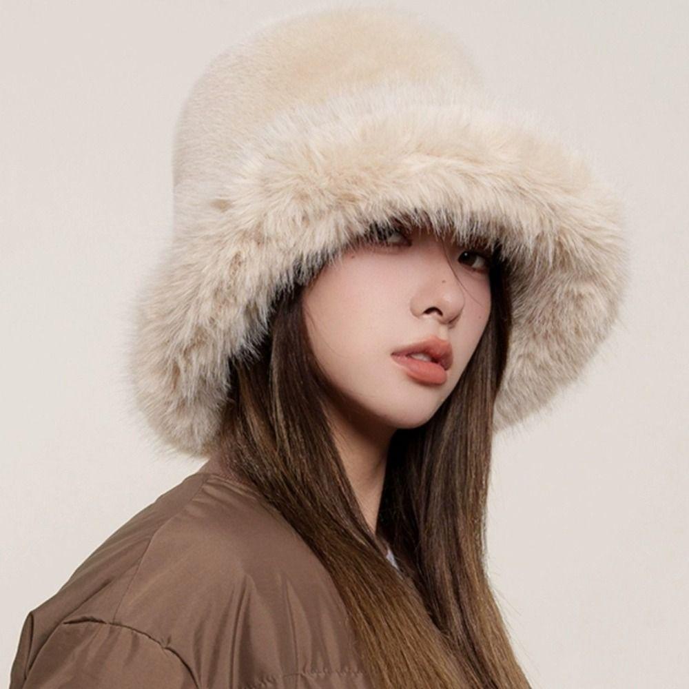 Warm Artificial Fur Hat Imitation Fur Winter Cap Elegant Plush Bucket Hat Streetwear