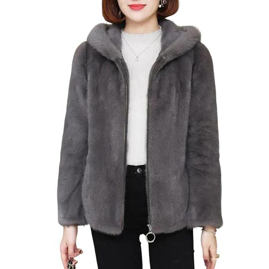 Women Winter Coat Double-sided Thick Cozy Plush Hooded Long Sleeves Zipper Closure Solid Color Cardigan Loose Jacket Outerwear
