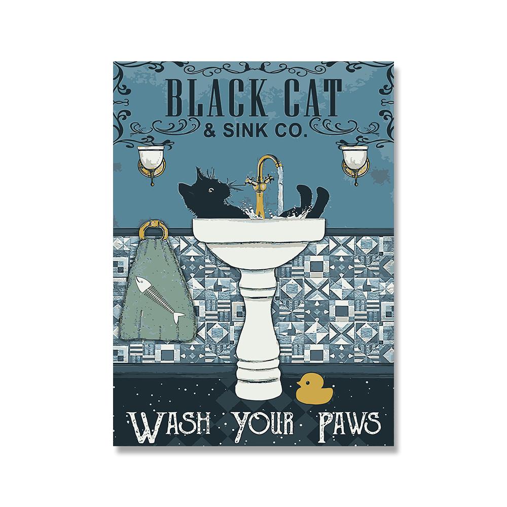 Funny Cat Sheep Alpaca Poster Retro Wash Your Paws Quote Print Bathroom Wall Art Toilet Canvas Painting Pictures Room Wall Decor
