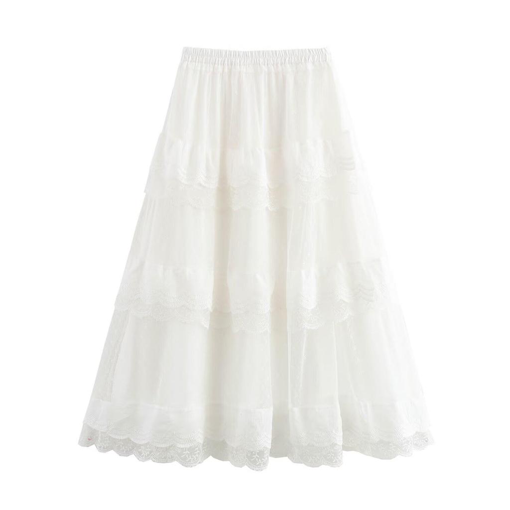 Spring 2025 Women's European & American Lace Trim Puff Midi Skirt