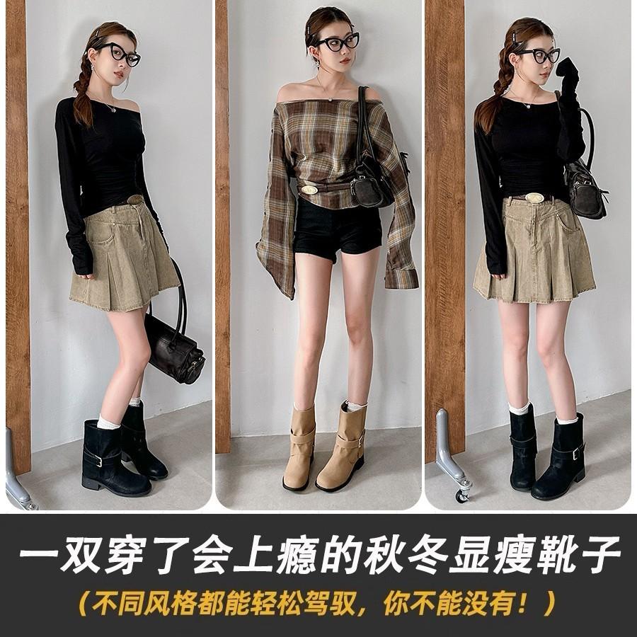 Thick-soled Thick-heeled Short Boots Martin Shoes Women's 2025 Autumn New Models Belt Buckle Western Cowboy Boots Tube Boots Xinjiang Boots