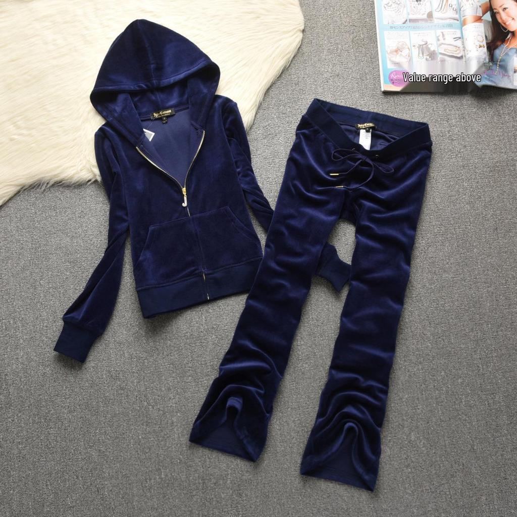 Women's Trendy Embroidered Velvet Hoodie & Wide-Leg Pants Set for Work, Casual, or Athletics