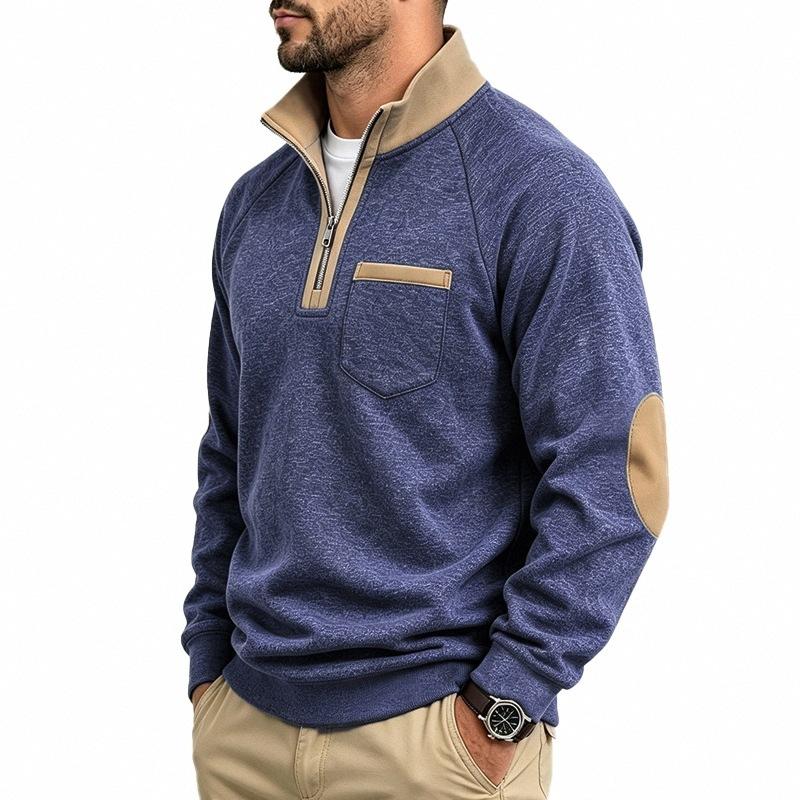 Men S Casual Loose Fleece Stand Collar Color Block Long Sleeve Sweatshirt