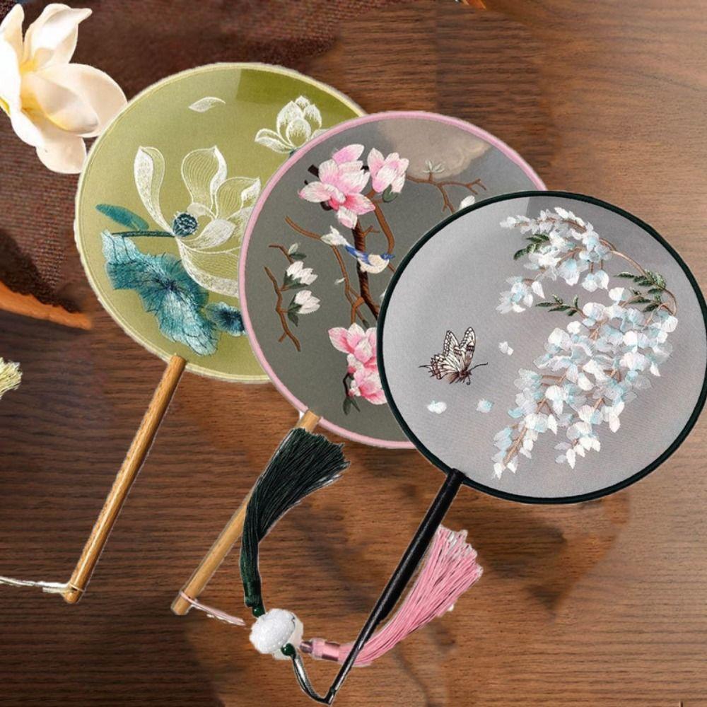 Круглый двухсторонний вышитый веер в китайском стиле с цветами из шелка, портативный танцевальный веер, домашний декор
