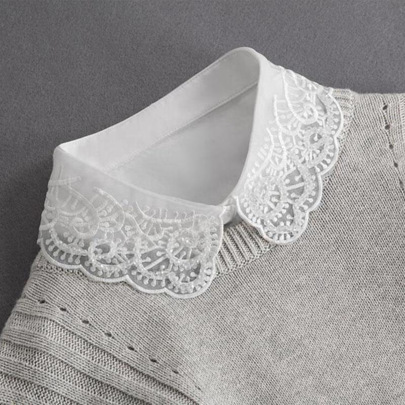 Front Tie White Fake Collar Stand Beads Detachable Collar Fake Women Vintage Crystal Lace Ladies False Blouse Collar Half Shirt