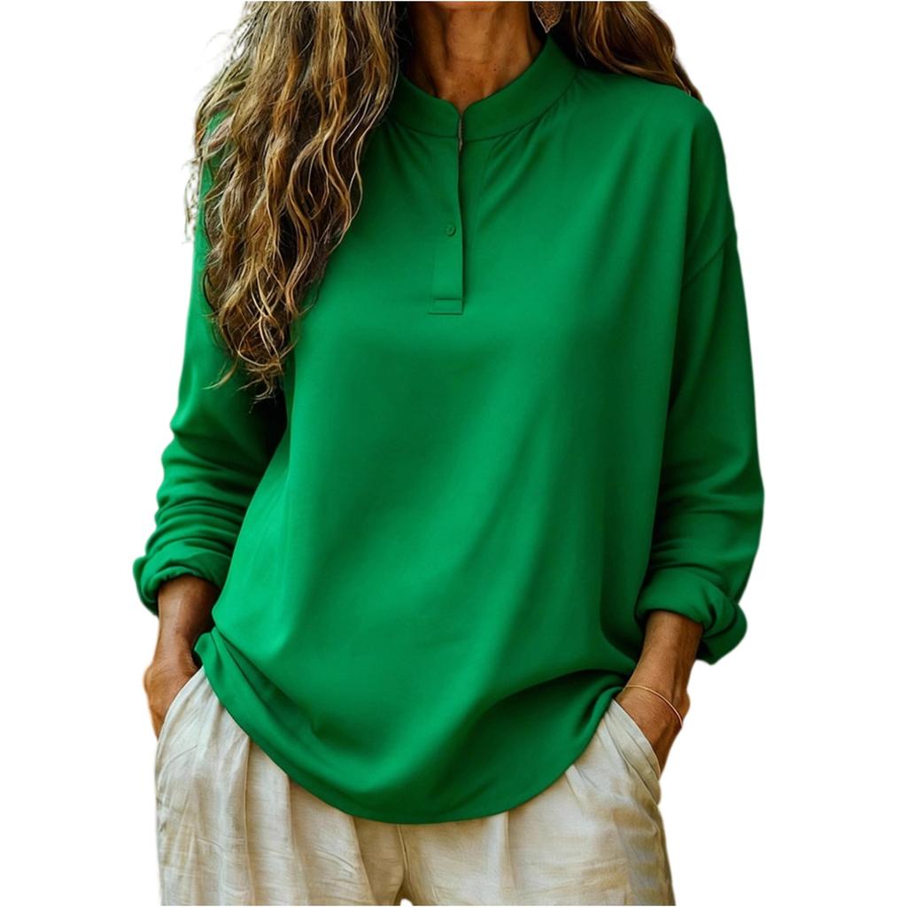 Женская модная и повседневная свободная однотонная блузка с длинным рукавом и круглым вырезом на пуговицах