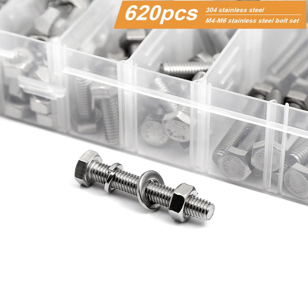 620pcs, 176pcs, and 80pcs of 304 Stainless Steel Outer Hexagon Bolts, Nuts, and Washer Sets.