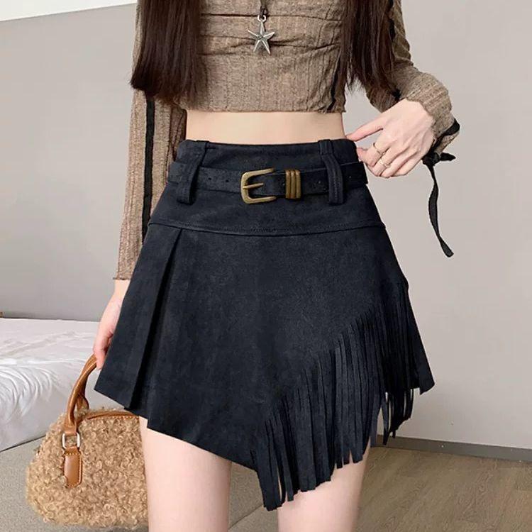 Literary and Retro Fringed Skirt, Free Belt for Women's Irregular High-waisted A-word Skirt, Design Sense Suede Skirt Fringe Western Cowboy Skort