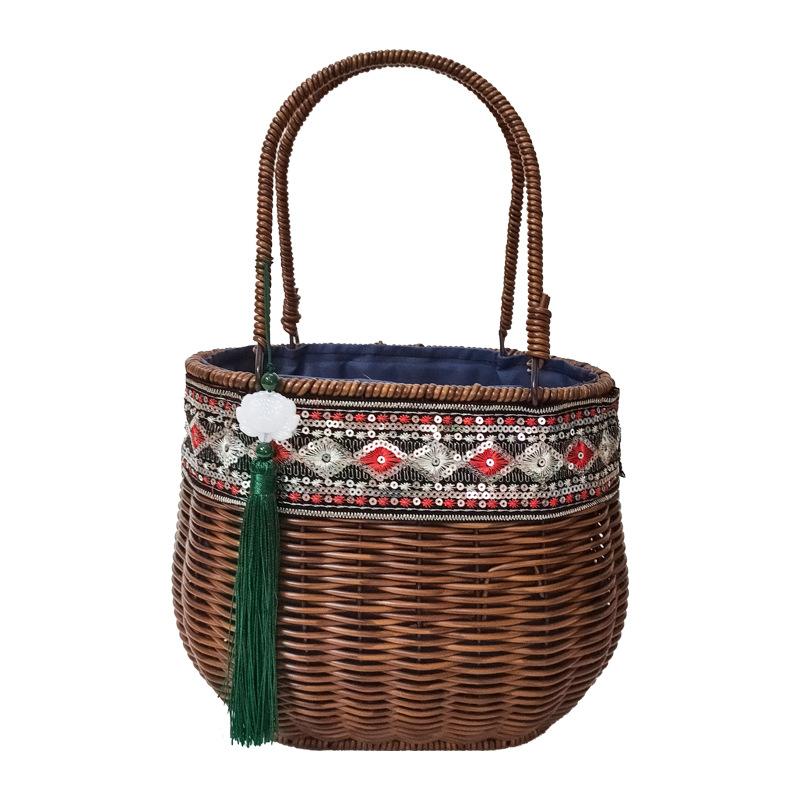 2025 Women Retro Handmade Rattan Basket Fashion Embroidery Imitation Wicker Handbags Causal Woven Box Bag Lady Party Beach Bag