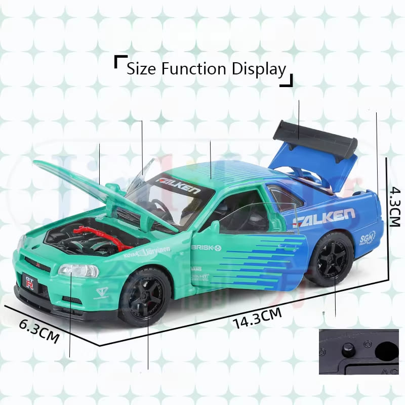 New 1:32 GTR R34 Low Lying Sports Car Alloy Die-cast Toy Car Metal Toy Car Model Sound and Light Pull Back Collection Children's Toy Gift