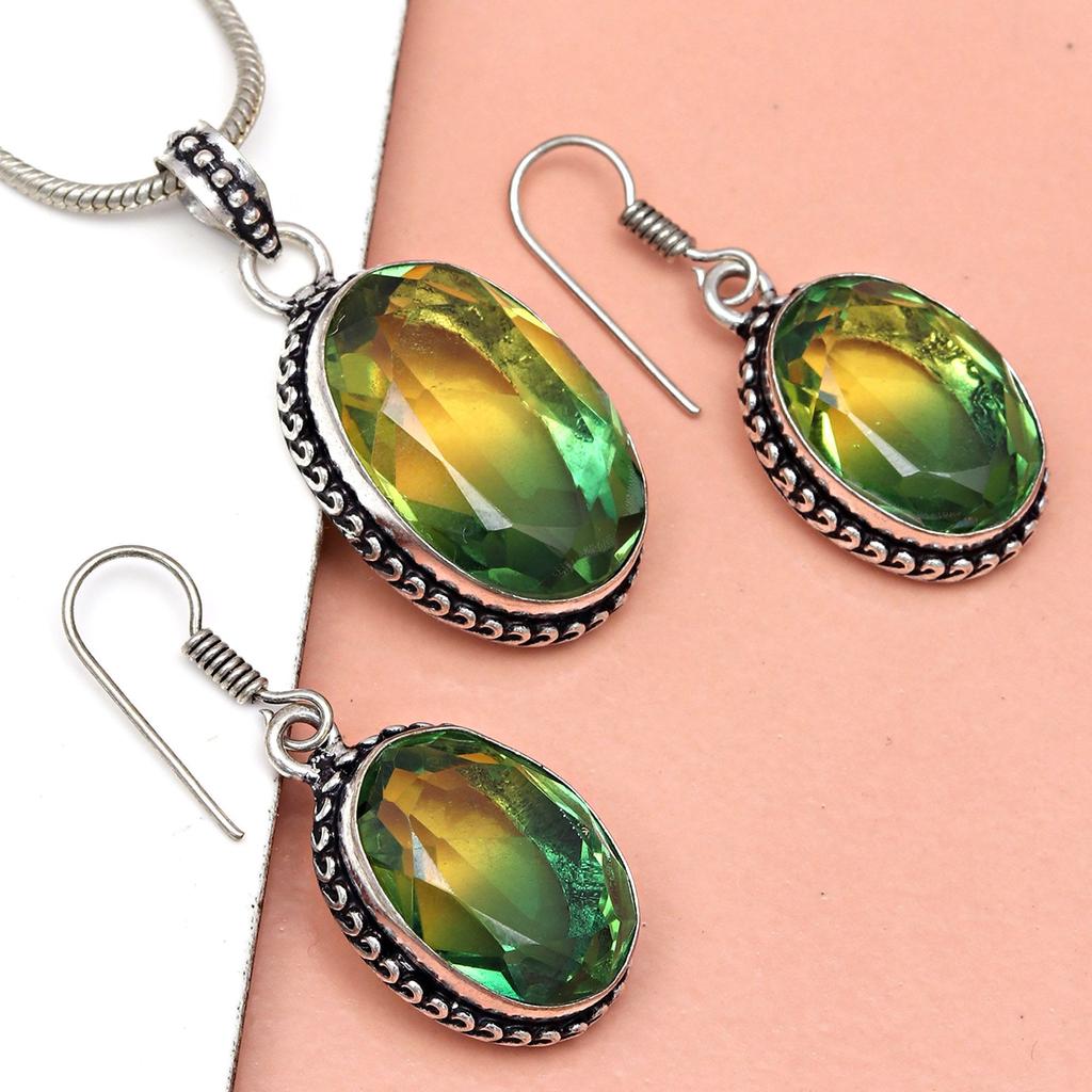 Green Tourmalinne Gemstone Mother's Day Jewelry Pendant Earring Set