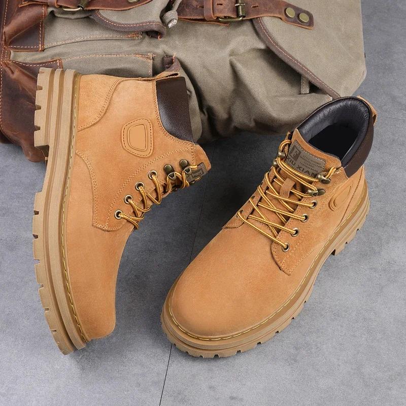 High Top Mens Suede Leather Motorcycle Boots Non-Slip Lace-Up Walking Shoes Luxury Brand Basic Boots Warm Plush Fur Winter