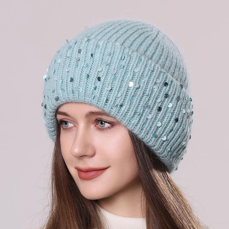 Вязаная шапка из кроличьего меха с пайетками, зимняя теплая шерстяная шапка, модная женская шапка-пуловер для защиты ушей