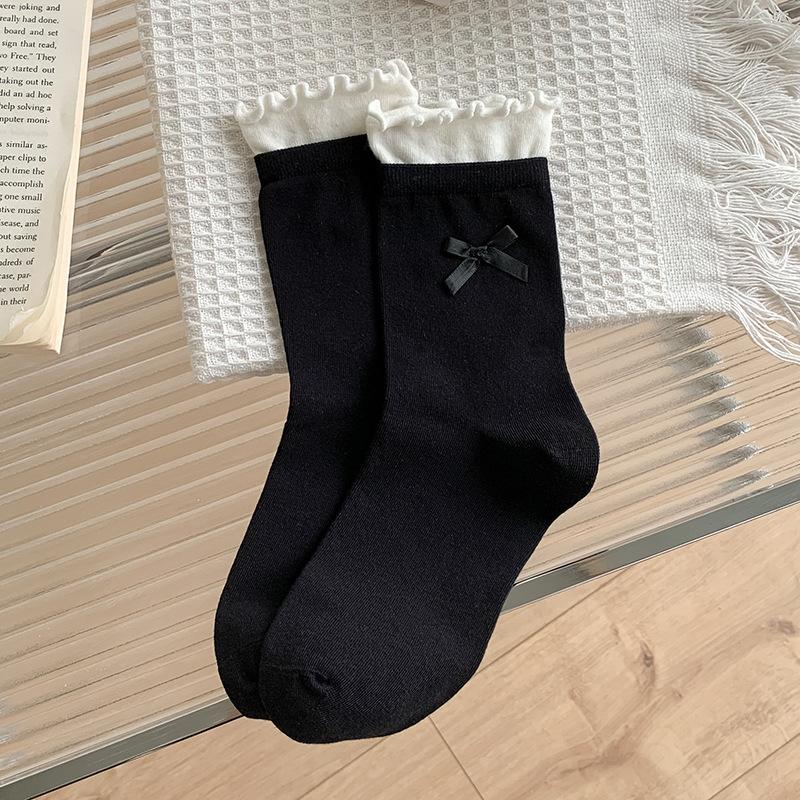 Women's Crew Length Cotton Lace-Up Bow Socks Breathable Seamless Thin Casual
