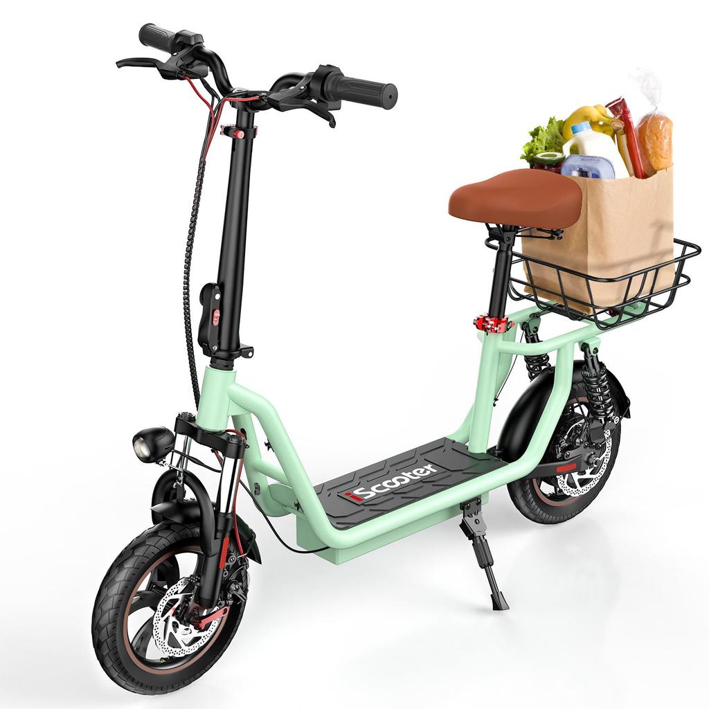 iScooter I12 Folding Electric Scooter 36V7.5Ah Battery, 500W Motor, Seat, Rear Basket, Disc Brakes, 12" Tires Green Foldable City Scooter