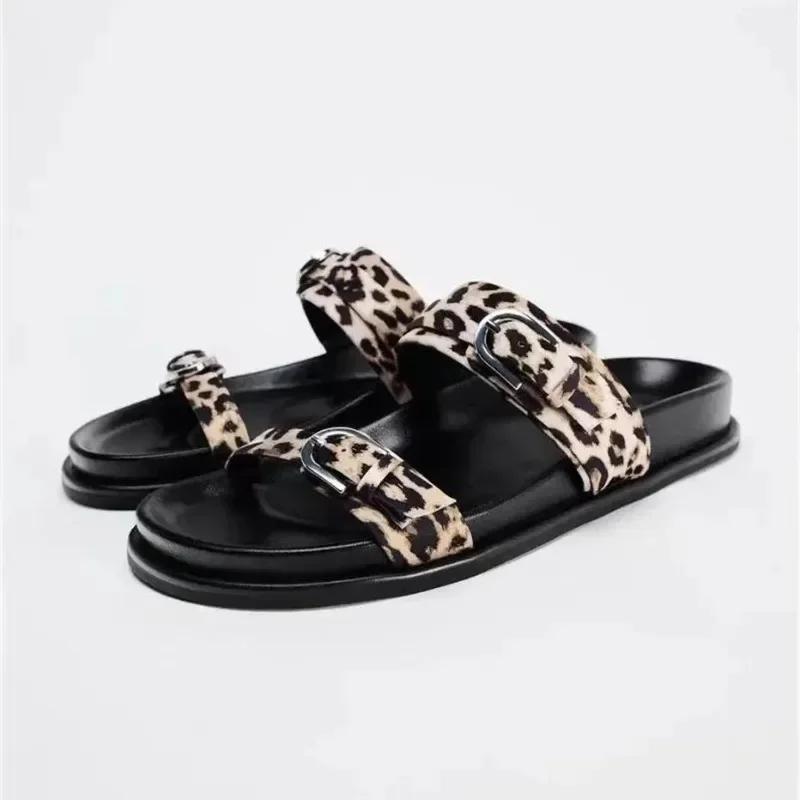 Женские босоножки на платформе Soleist Chic с леопардовым принтом Классический дизайн с пряжкой Повседневные женские пляжные туфли на толстой подошве Открытый носок Обувь на плоской подошве