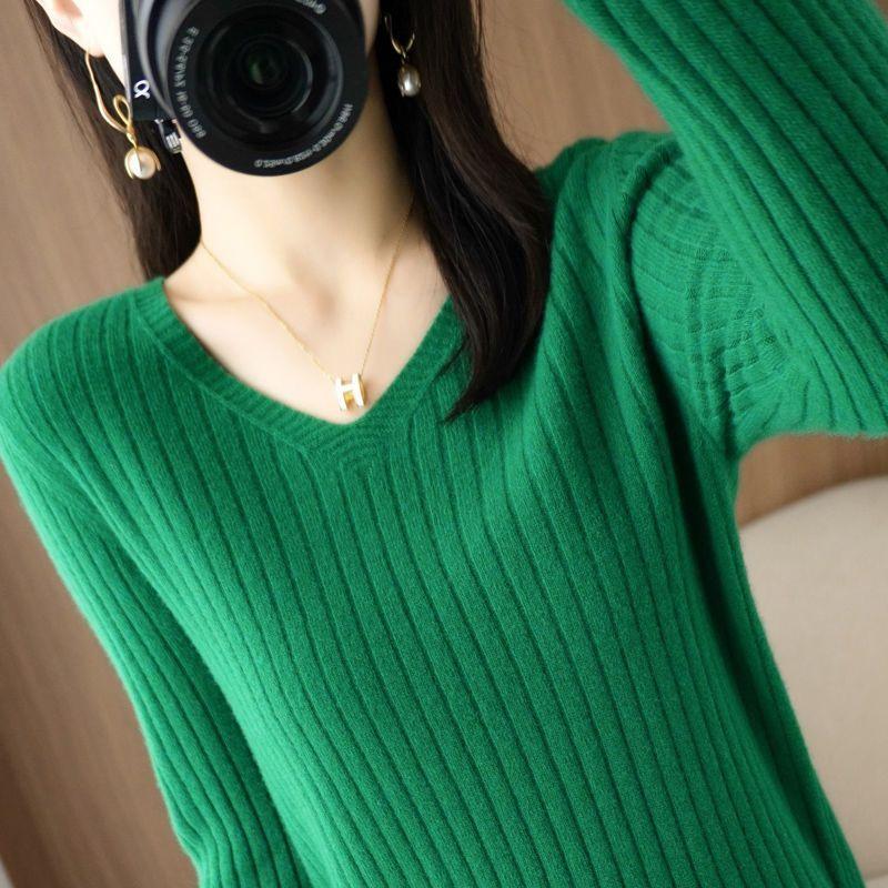 Women Sweater 2023 Autumn Winter Warm Pullover V-neck Stripe Slim Bottoming Shirts Long Sleeve Causal Korean Office Knit Jumper