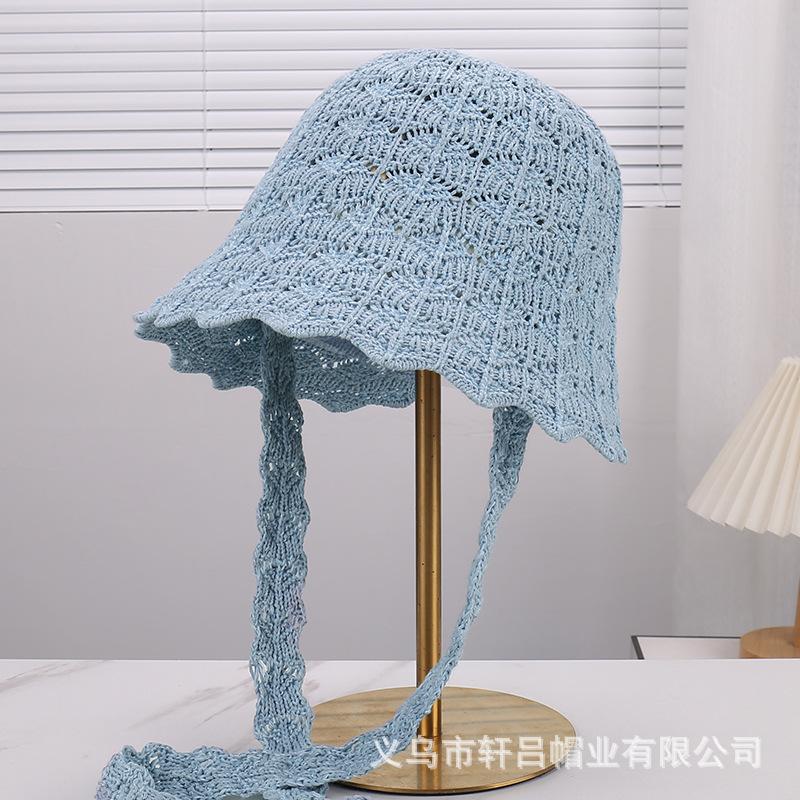 Spring and summer new hollow knitted strap breathable bucket hat women's seaside vacation wavy lace elegant sunscreen hat