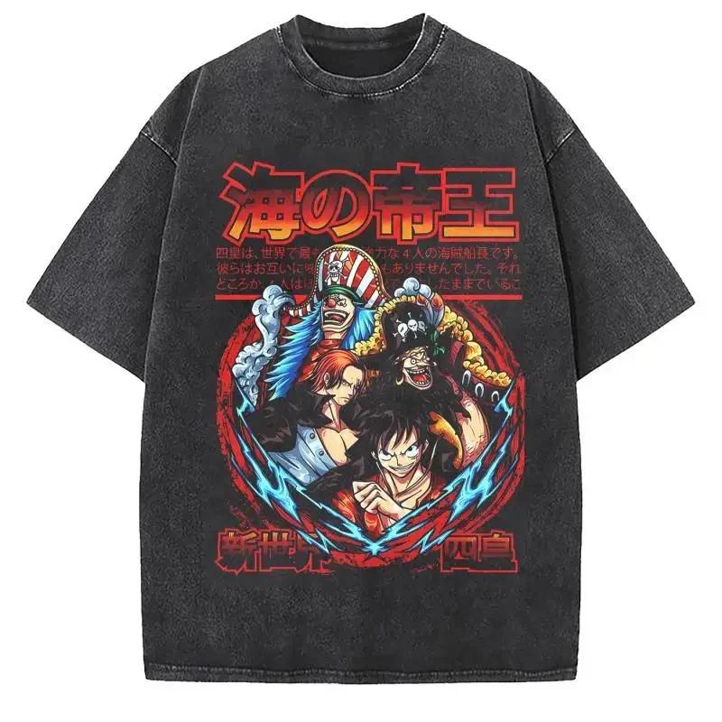 Japanese Anime One Piece Cotton Print Tshirt Retro Cotton Washed Shortsleeved Tshirt For Men And Women Y2k Harajuku Tee Tops