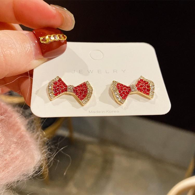 111 silver needle red rhinestone bow earrings, new trendy design high-end stud earrings Internet celebrity earrings