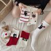 Свернутые носки для женщин, осенние красные и белые носки до середины икры, мультяшные носки-пиле с медведем, полосатые бесшовные носки